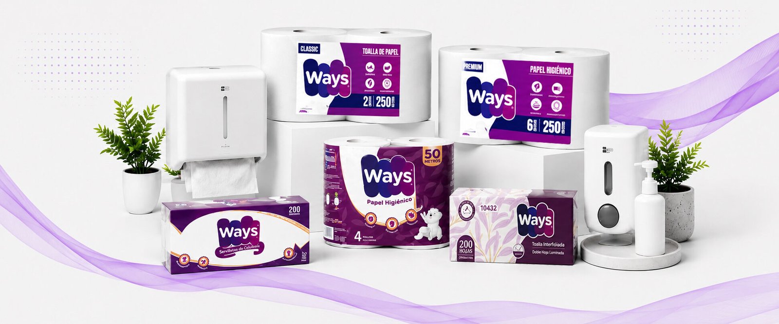 Línea de productos Ways: papel higiénico, toalla de papel, toalla interfoliada, servilletas, sabanilla y dispensadores