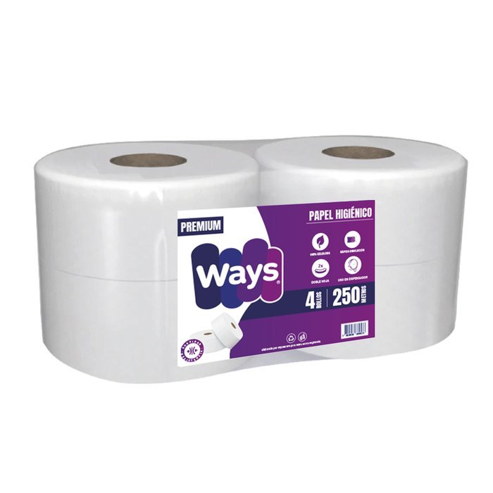 Papel Higiénico Ways Jumbo 250 Metros Doble Hoja 4 Rollos