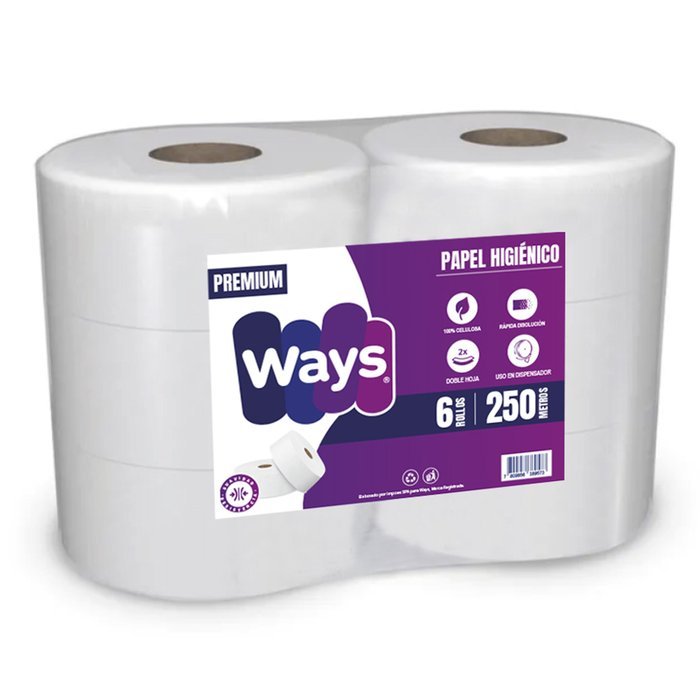 Papel Higiénico Ways Jumbo 250 Metros Doble Hoja 6 Rollos