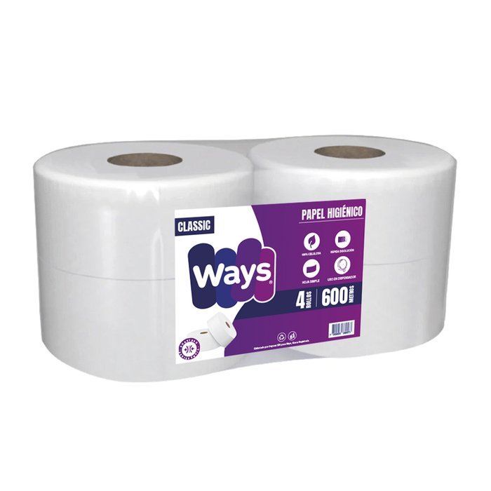 Papel Higiénico Ways Jumbo 600 Metros Hoja Simple 4 Rollos