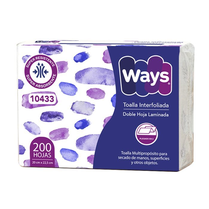 Toalla Interfoliada Ways Doble Hoja Tipo Z 200 Hojas (18 paquetes)