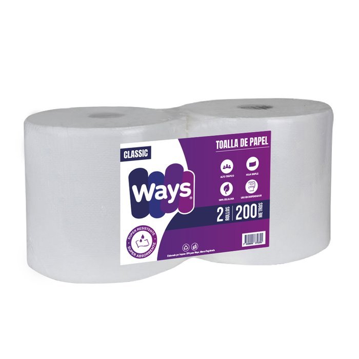 Toalla de Papel Ways Hoja Simple 2 Rollos x 200 Metros